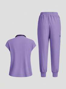 TaskEZ Bộ đồng phục phẫu thuật quần ngắn tay màu trơn - Màu tím - Xem 2