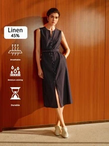 Uhlyne Women's Casual Elegant Sleeveless Linen Midi Dress With Belt - Navy Blue - View 8