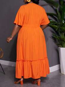 SHEIN CURVE+ Váy cam cỡ lớn cho nữ: Váy maxi bồng bềnh cổ chữ V và viền bèo nhún, hoàn hảo cho kỳ nghỉ Boho mùa hè - trái cam - Xem 2