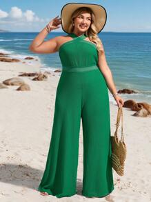 SHEIN VCAY Plus Size Casual Vacation Island Green Textured Fabric Criss-Cross Halter Waist Loose Wide Leg Long Jumpsuit South Beach Outfits Summer Outfits For Women European Summer Western Wear Women Cute Summer Outfits Beach Outfits Boho Women Clothing Vacation Outfits Woman Resort Wear Women Hippie Clothes For Women Easter Outfit Women Rave Outfits Country Concert Outfit Nashville Outfits Outfits Ibiza Outfits