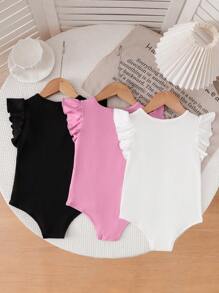 SHEIN 3pcs/Set Young Girls Short Cap Sleeve Bowknot Ribbed Snap Button Bodysuit - Multicolor - View 2