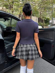 Muchica Áo thun ngắn tay thêu cổ polo màu xanh thường ngày cho nữ - Màu xanh lam - Xem 2