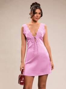 SHEIN BAE Elegant Sexy V-Neck Lace Patchwork Satin Mini Dress, Suitable For Spring/Summer, Autumn/Winter, Suitable For Valentine's Day, Party, Romantic Date, Bridesmaids, Dance, Daily Work, Red Dress