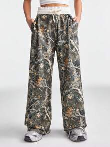 SHEIN Tween Girls Spring/Summer Back To School Basic Knit Camo Stretchy Comfortable Army Green Wide Leg Sweatpants - Green - View 1