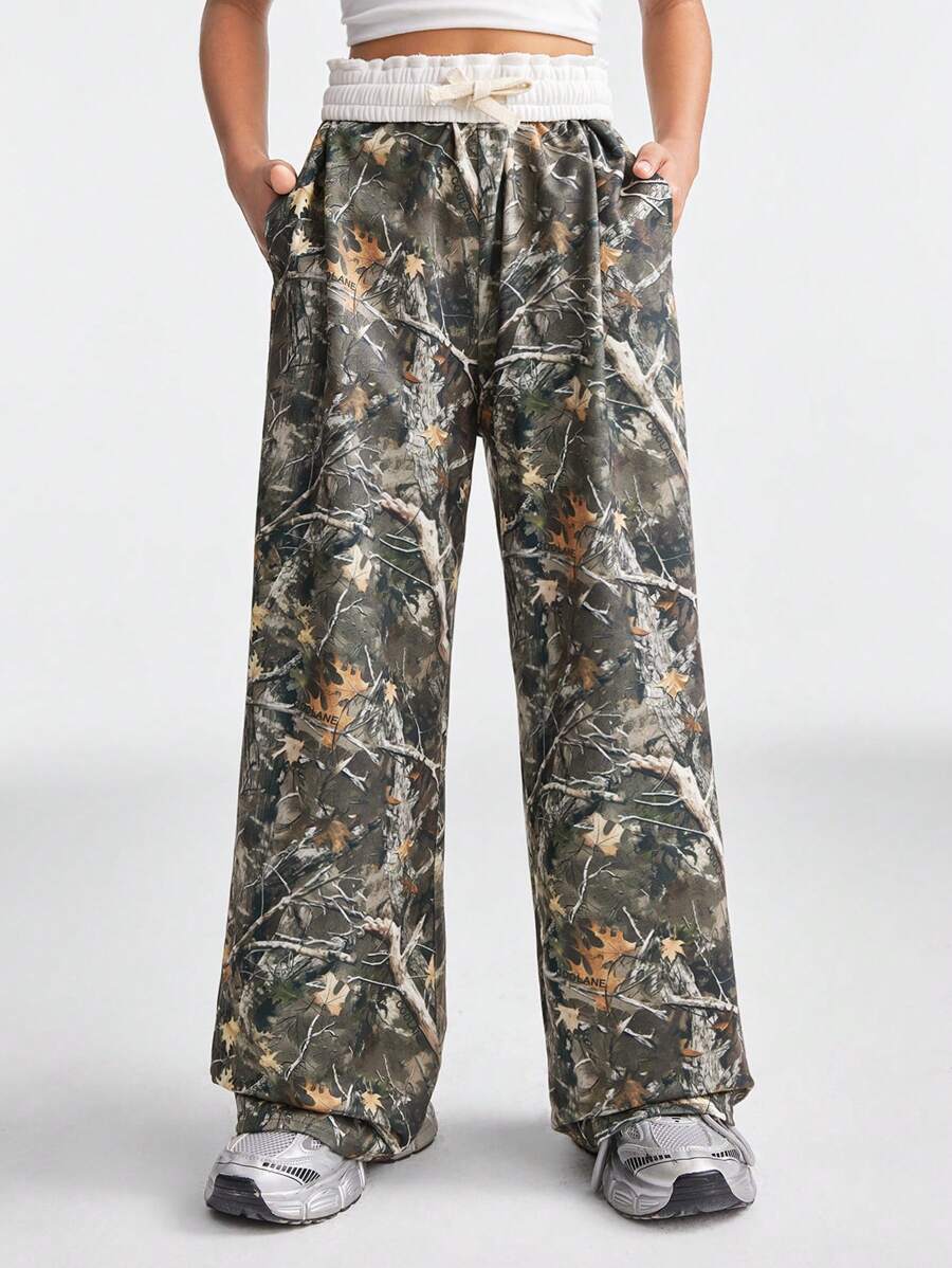 SHEIN Tween Girls Spring/Summer Back To School Basic Knit Camo Stretchy Comfortable Army Green Wide Leg Sweatpants - Green - View 1