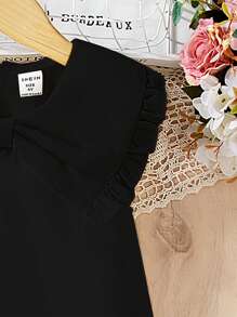 Young Girl The New Style Of Short-Sleeved Chiffon Top With A Bowknot. It Features A Bubble Hem, Is Comfortable, And Represents The Fashion , Being Elegant, Sweet, And Cute, A Must-Have For Daily Wear - Black - View 3