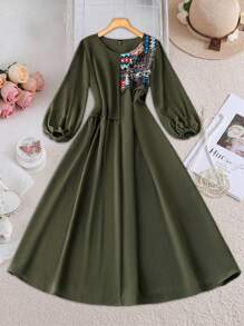 Lacomfia Modest Casual Retro Printed Patchwork Women's Arabic Style Dress