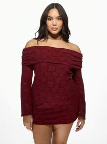 MISSGUIDED PLUS Abito mini con spalle scoperte e pizzo, taglia comoda, per feste, club, notti, maniche lunghe, scollo Bardot, occasioni speciali, aderente, adatto per l'inverno e l'autunno - Bordò - Visualizzare 1