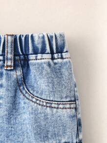 SHEIN Playful Pals 女婴休闲水洗牛仔紧身长裙，带侧袋，简约百搭风格，适合日常穿着 - 淺色水洗藍 - 查看 6