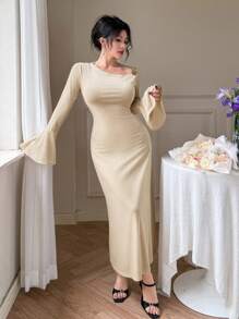 DAZY 优雅不对称领口喇叭袖连衣裙，女士舞会礼服，秋季服装长袖连衣裙 - 米色 - 查看 1