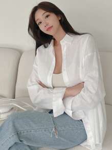 DAZY 纯色纽扣前落肩宽松衬衫，长袖上衣 - 白色 - 查看 7