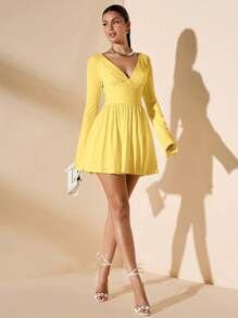 SHEIN BAE Spring/Summer Vacation Solid Color Minimalist Daily Sexy Deep V-Neck Long Sleeve Ruffle Sleeve Cinched Waist Ruched Mini Dress For Women - Yellow - View 6