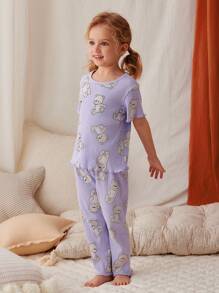 2pcs/Set Young Girl Casual Cute Cartoon Bear Print Short Sleeve Top And Pants Homewear Sets