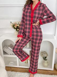 Conjunto de pijama de mujer con cuello en V, diseño a cuadros y contraste de colores