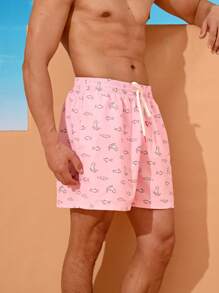 Surfspeed Cartoon Cat & Fish Print Elastic Drawstring Men's Beach Shorts, Vacation Style Men Swim Trunks - Pink - View 1