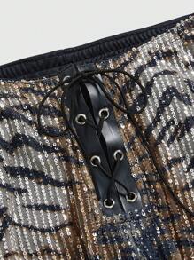 ROMWE J-Fashion 复古低腰豹纹亮片系带女式七分裤 - 卡其色 - 查看 3