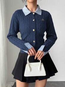 Franclia Fashionable College Style 2 In 1 Patchwork Knit Cardigan Crop Top Fall Winter Cloth For Women