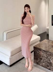 DAZY Off Shoulder Solid Ruched Side Mesh Overlay Homecoming Dress Elegant Sundress,Dress For Wedding