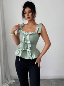 Elenzga Women's Summer Casual Pleated Bow Strap Sleeveless Camisole Top - Green - View 4