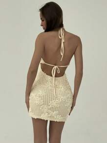 Aloruh Backless Knit Jacquard Halter Dress For Women