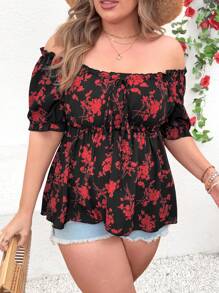 SHEIN Clasi 女士大码浪漫花卉印花露肩短袖时尚衬衫