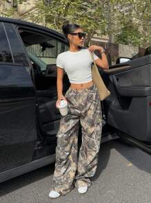 SHEIN EZwear 2pcs/Set Plus Size White Top T-Shirt And Printed Pants - Multicolor - View 5