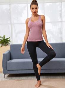 SHEIN Sports Camiseta deportiva de espalda de nadador de space dye con bolsillo de móvil - Rosa - Ver 3