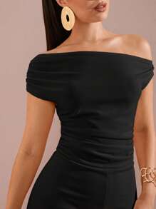 SHEIN BAE 女士不对称肩部褶皱阔腿连体裤，夏季海滩、泳池派对、约会之夜、旅行、度假服装 - 黑色 - 查看 6