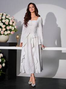 Modelyn Damen elegantes Partyset mit romantischem Blumen-Jacquard-Strick, bestehend aus Quadrat-Kragen-Top und Rock, 2-teilig