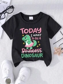 GraphicGems 女婴休闲恐龙印花粉色连衣裙和绿色圆领短袖 T 恤套装，夏季 - 黑色 - 查看 3