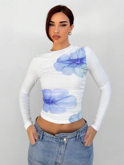 Aloruh Camiseta versátil de manga larga con cuello redondo y estampado floral elegante para otoño/invierno, ideal para usar en capas