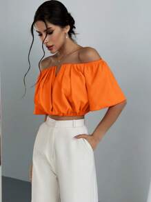 Aloruh Elegant Vacation Solid Color Off Shoulder V-Neck Cinched Waist Short Sleeve Blouse, Summer