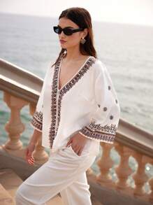 Maija Plus Size Women Summer Long Sleeves V-Neck Bohemian Prints Country Concert Tops - White - View 4