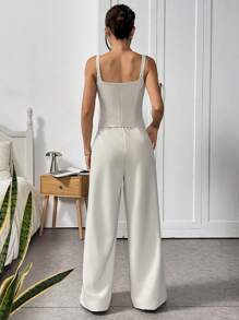 SHEIN EZwear Damskie spodnie garnitury eleganckie 2-częściowe zestawy kwadratowy dekolt guziki bez rękawów marynarka kamizelka topy i szerokie nogawki spodnie zestawy, ubrania robocze damskie
