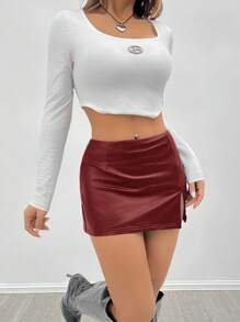 SHEIN PETITE Chân váy mini lưng thấp bằng da PU co giãn cao - Màu Đỏ Sâu - Xem 6