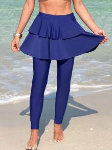 Swim Mulvari Women Spring Break Conservative Full Coverage Dark Blue Two-Layer Ruffle Cake Skirt Bikini Bottom For Summer Beach Vacation - Navy Blue - View 1