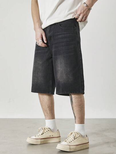QuarKem Men's Black Washed Loose Casual Denim Shorts Jorts, Urban Chill Style Going Out Tropical Street Hang Out Vacation