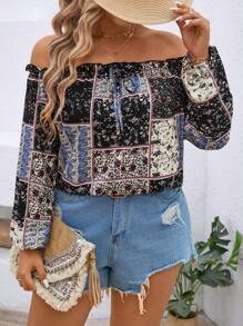 SHEIN LUNE Plus Size Chic Retro Paisley Print Off Shoulder Long Sleeve Blouse, Suitable For Vacation And Dates - Multicolor - View 5