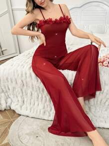 SHEIN 2 sztuki kwiatowy wystrój błyszczący przezroczysty seksowny zestaw piżamowy z koszulką i długimi spodniami - Burgund - Zobacz 4