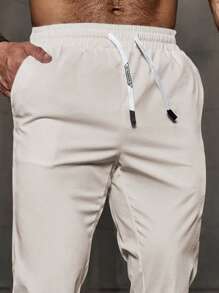 Manfinity Homme 男士简约纯色抽绳腰休闲裤男士裤子休闲秋季 - 杏色 - 查看 4