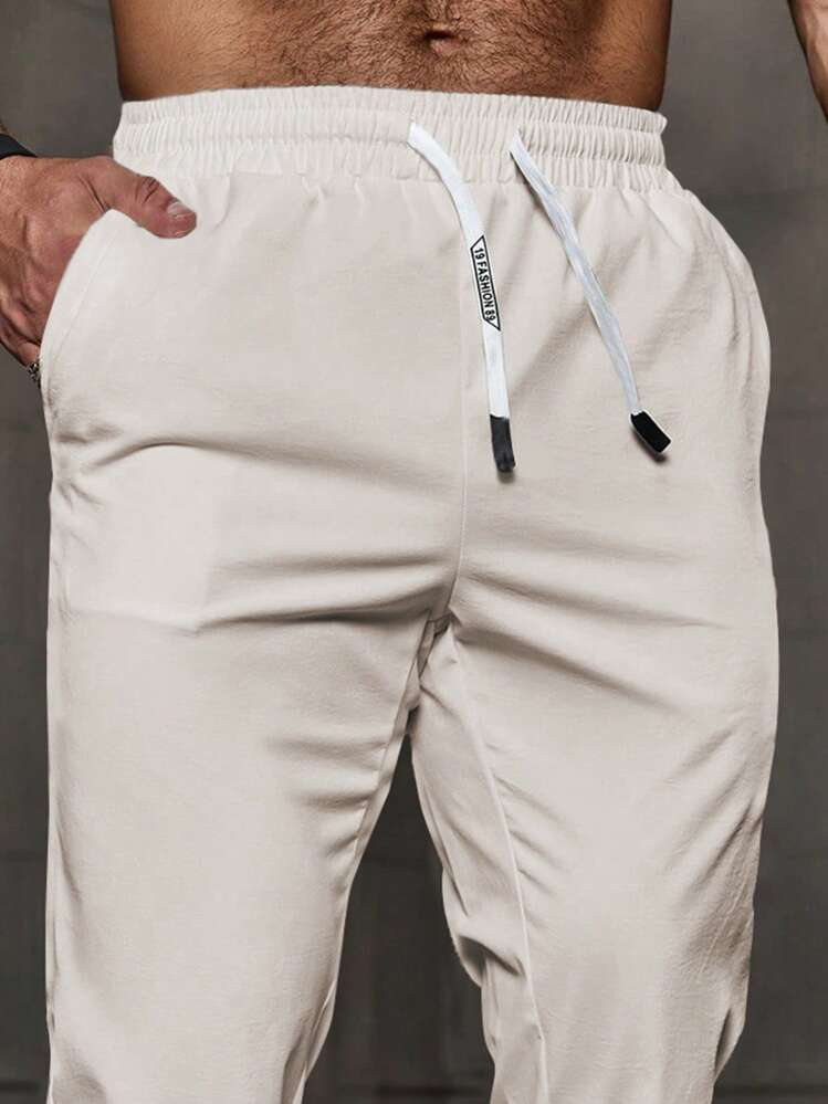 Manfinity Homme Men's Simple Solid Color Drawstring Waist Casual Pants Men Pants Casual, Fall - Apricot - View 4