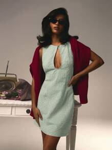 Athîral Váy ngắn màu đỏ cho nữ, tối giản, thường ngày, họa tiết caro thích hợp mặc hàng ngày ngày lễ tình nhân - màu xanh lá - Xem 3