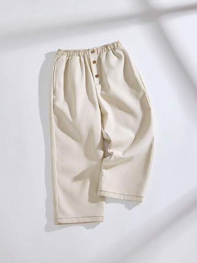 SHEIN Young Boys Basic Casual Style Elastic Waist Pants With Animal Print Pocket And Wooden Button, White Twill Fabric