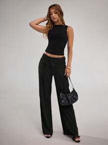 SHEIN BAE Quần ống rộng đơn giản, rộng rãi, màu vải lanh màu mơ cho nữ, cạp thấp, mặc hàng ngày, đi nghỉ và đi làm - màu đen - Xem 7