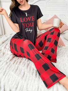 Conjunto de ropa de dormir para pareja con texto en inglés y diseño de cuadros de colores bloqueados - Multicolor - Ver 4