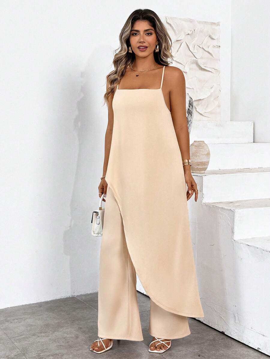 SHEIN Clasi Plus Size Women's Apricot Lace Trim Elastic Waist Flowy Soft Rompers, Suitable For Easter, Music Festival, Summer Outfits, St. Patrick's Day, Rave Outfits, Spring Break, Boho - Apricot - View 1