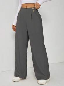 SHEIN PETITE Pantalones rectos elegantes de oficina con doble botón para mujer