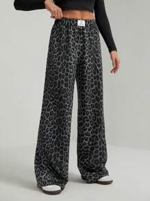 SHEIN Tall Women Leopard Print Casual Lounge Pants - Dark Grey - View 6