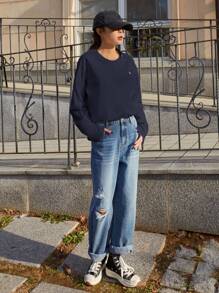 DAZY Letter Embroidery Drop Shoulder Tee,Fall Clothes Long Sleeve Women Tops - Navy Blue - View 3