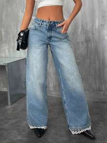 RueChic WOMEN WIDE LEG LOW WAIST JEANS HEM LACE DETAIL - Light Wash - View 1